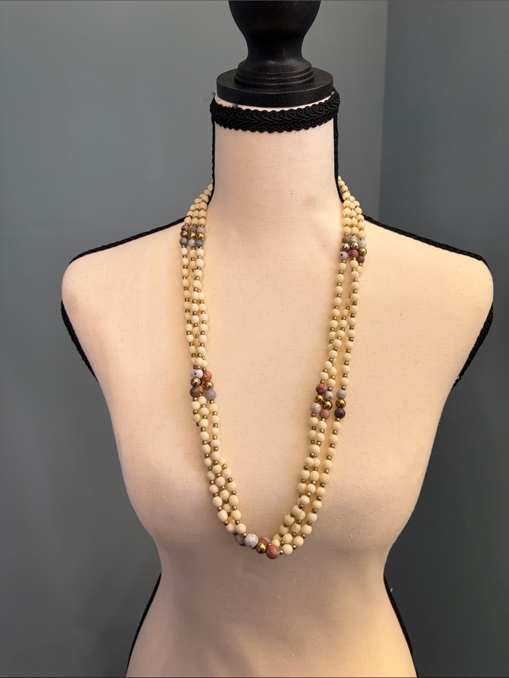 Vintage Cream Bead Multi-Strand Necklace with Accent Beads